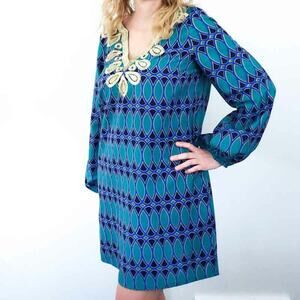 Mud Pie Geometric Tunic Top Dress Medium Gold Trim Southern Style Preppy